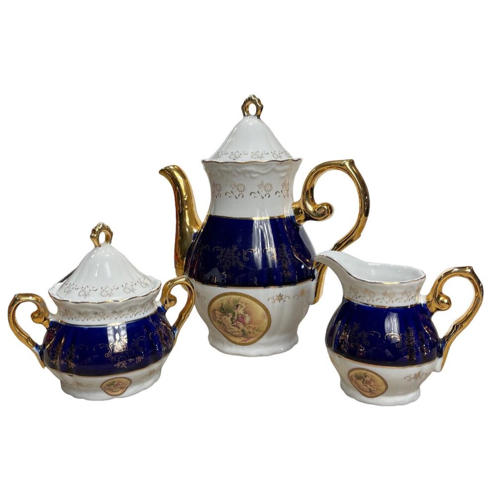 Vtg Italian Design Victorian Teapot Creamer Sugar Fine Porcelain Blue White Gold